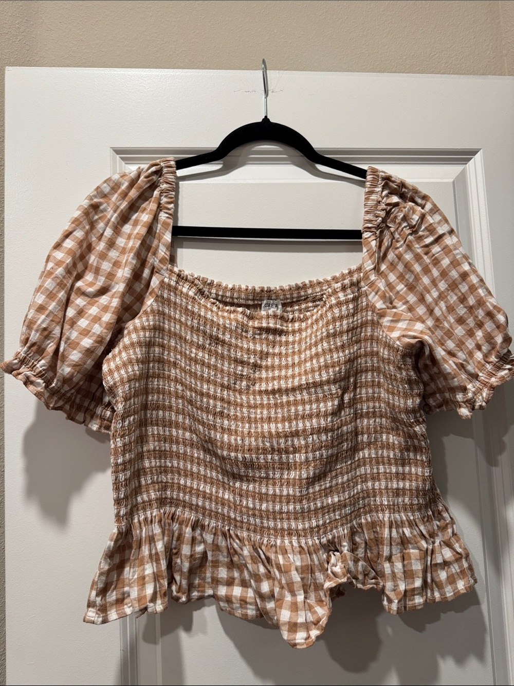 J. Crew Tan & White Gingham Smocked Peasant Top